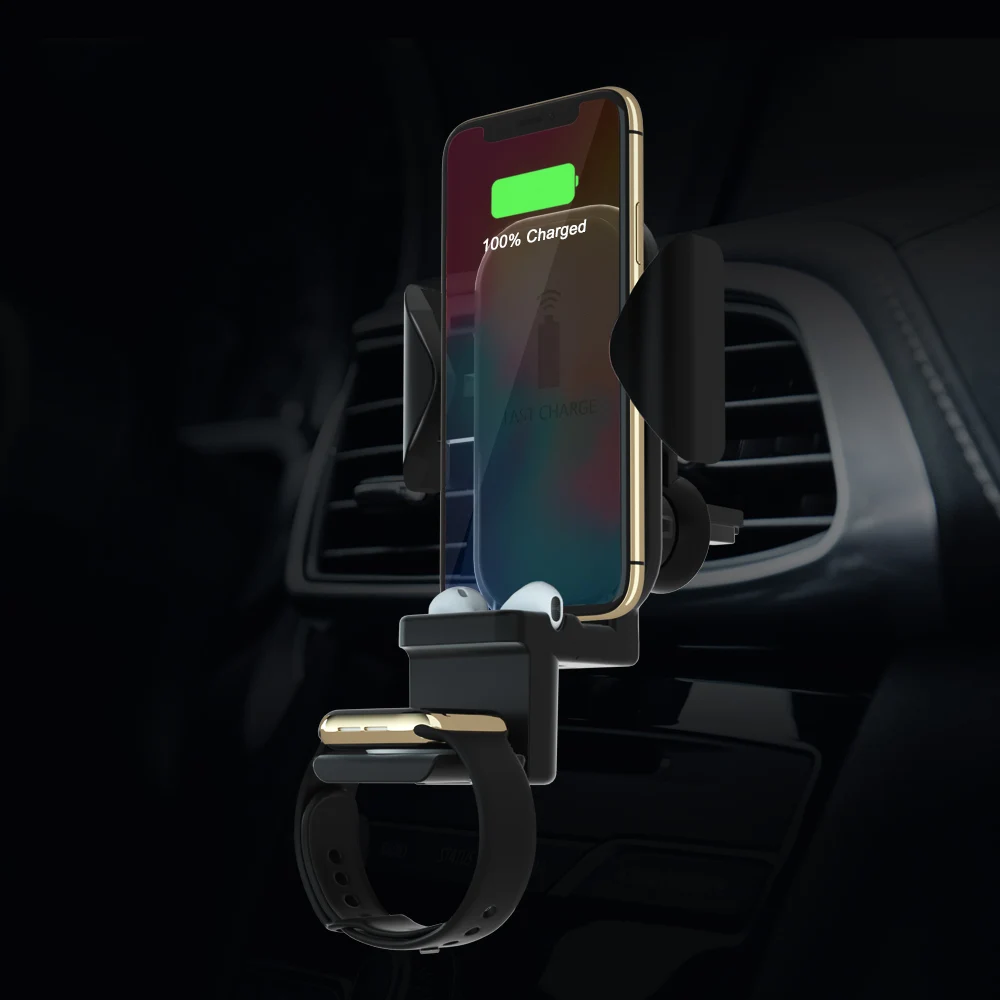 3 в 1 Qi автомобиля Беспроводной быстро Зарядное устройство Держатель для iPhone XR XS 8