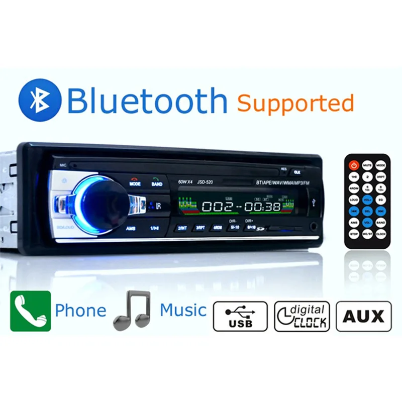 Bluetooth Авторадио Стерео радио FM Aux вход приемник SD USB JSD 520 12V In dash 1 Din автомобильный MP3