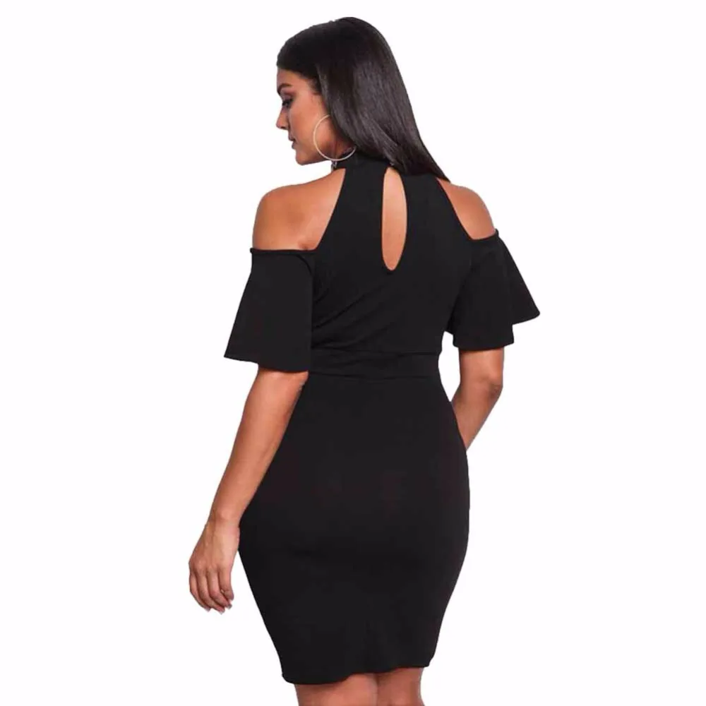 Черный Cold Shoulder Halter Средства ухода за кожей шеи большой Размеры Bodycon платье