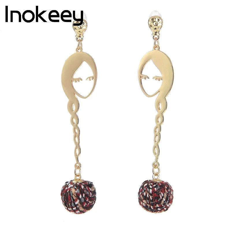 Inokeey Boho Длинные волосы для лица ткань мяч свисающие медные серьги женщин