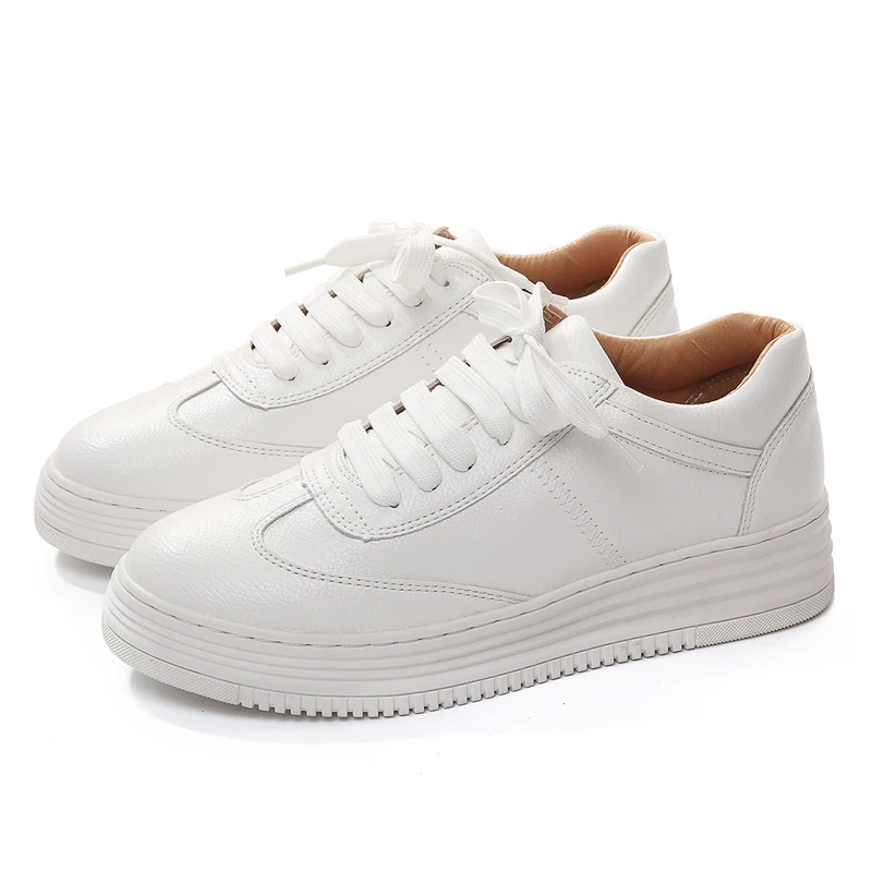 

XJRHXJR Genuine Leather Women Sneakers Fashion Pink Shoes for Women Lace up White Shoes Creepers Platform Shoes