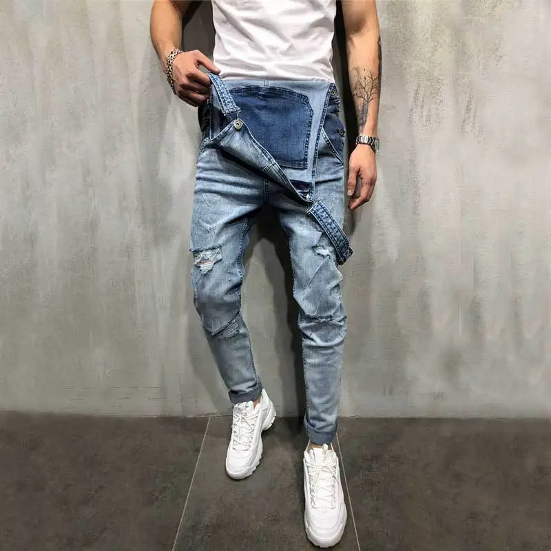 

2019 Spring New Men's Strap Jeans Fashion Casual Personality Slim Fit Ripped Jeans Male Brand Clothes Blue Black Light Blue