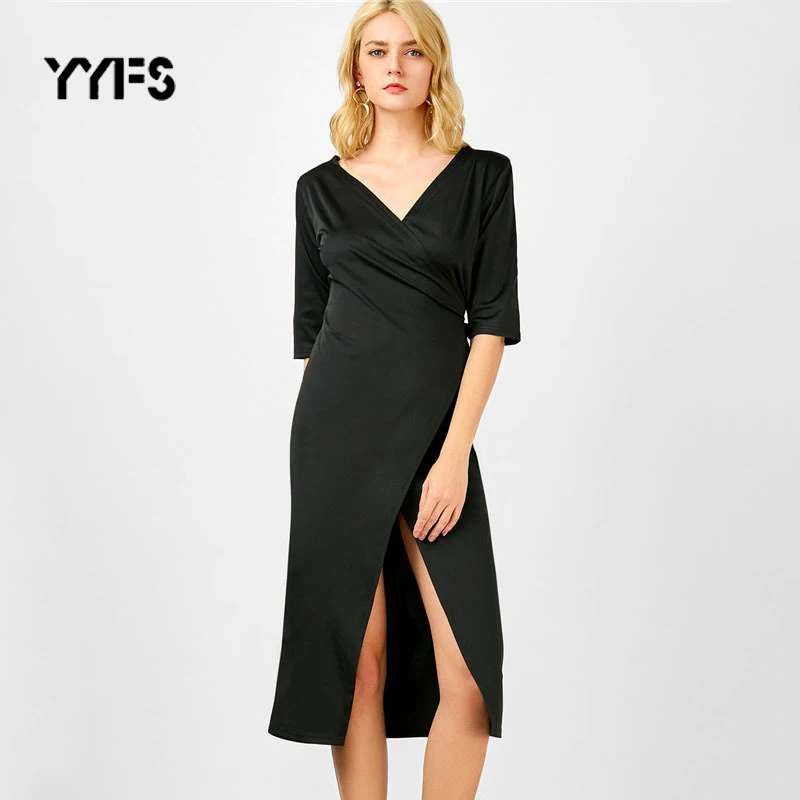 

YYFS 2019 New Womens Black Dress Sexy V-nexk Split Bandage Silm Dress Frail Summer Half Sleeves Casual Dress Female Ropa Mujer