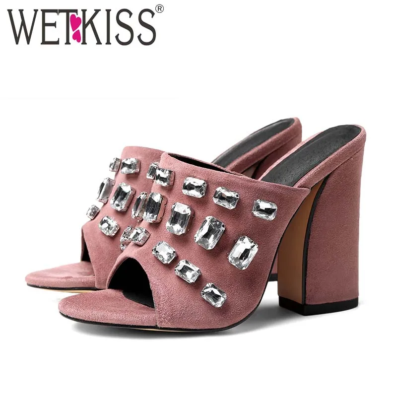 WETKISS/фирменный дизайн; женские шлепанцы с открытым носком на высоком каблуке; женские шлепанцы со стразами; модные летние женские туфли без задника; большие размеры 34-43 - Цвет: Розовый