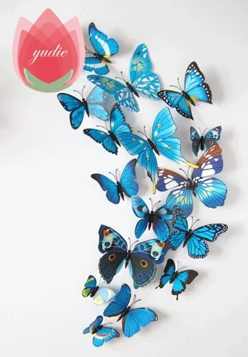 3D Blue 12 шт. DIY Реалистичные 3D многоцветные бабочки на магните на холодильник, магнитные наклейки на стену для детской комнаты, кухни, украшения для дома, Бесплатный клей - Цвет: 3D Blue