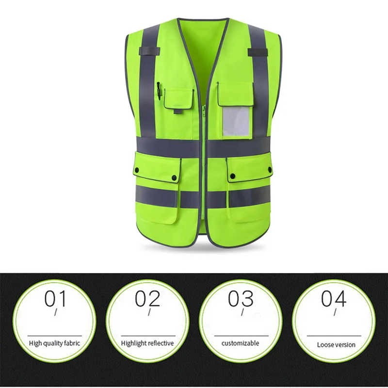 Высокий светоотражающий жилет с несколькими карманами на рабочем месте дорожная