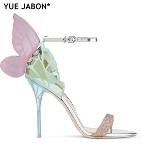 Новинка; Кожаные сандалии с металлической вышивкой; Туфли-лодочки с крыльями ангела; Свадебная обувь; Сандалии на высоком каблуке с ремешком на щиколотке