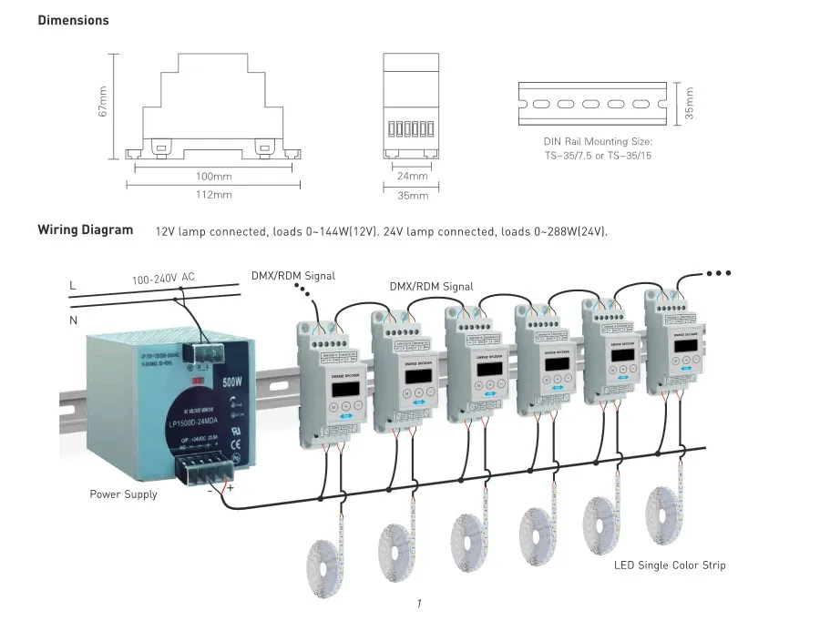 LTECH DIN-DMX-12A din-рейка DMX декодер 1CH DMX-PWM декодер DC5-24V вход 12A* 1CH Max 12A outpu