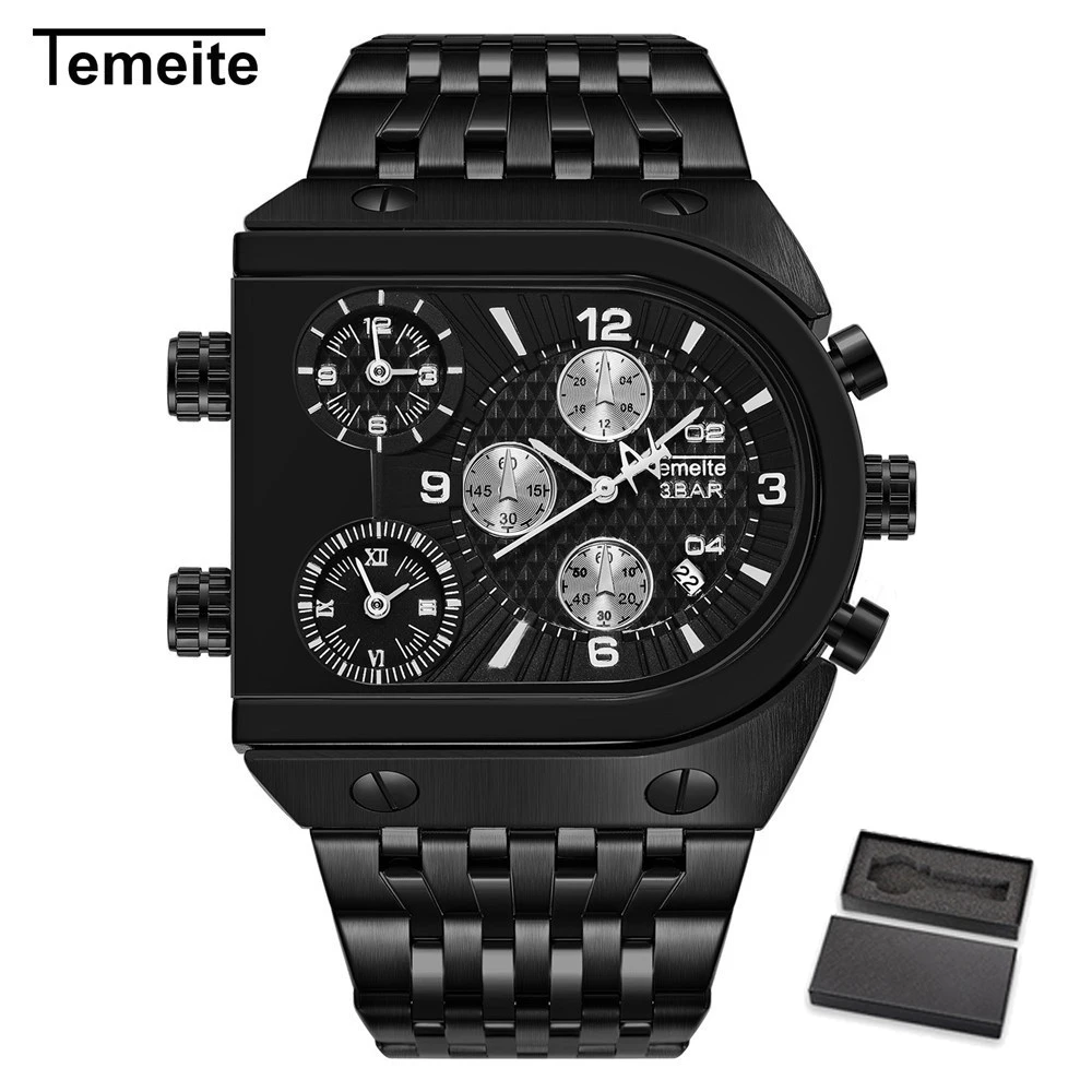 TEMEITE BK with box TEMEITE большие квадратные часы для мужчин роскошные золотые кварцевые часы военные водонепроницаемые мужские наручные часы Relogio Masculino Dourado - Цвет: TEMEITE BK with box