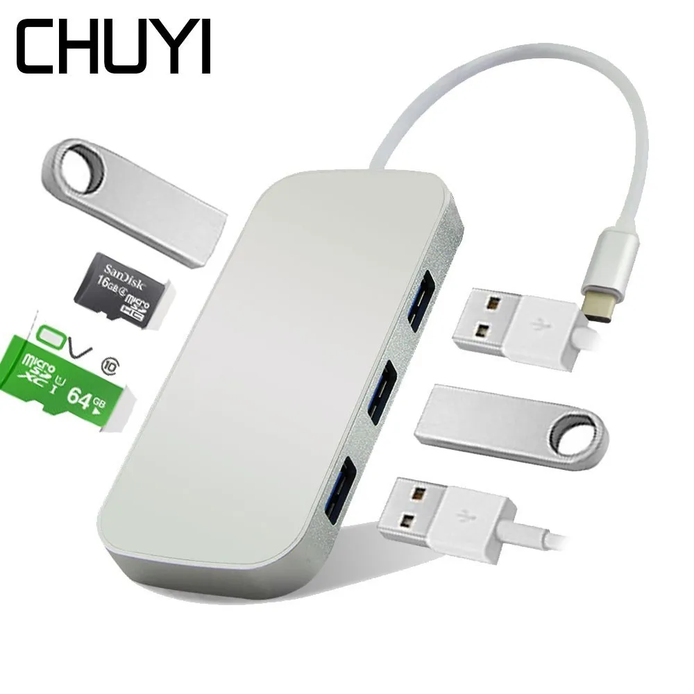 

Разветвитель USB Type-C 5 в 1, USB 3,0 + кардридер SD/TF