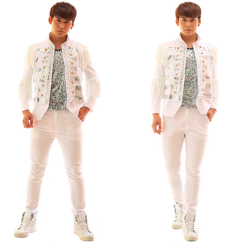 Белые мужские костюмы с кисточками и бриллиантами сценические для певцов