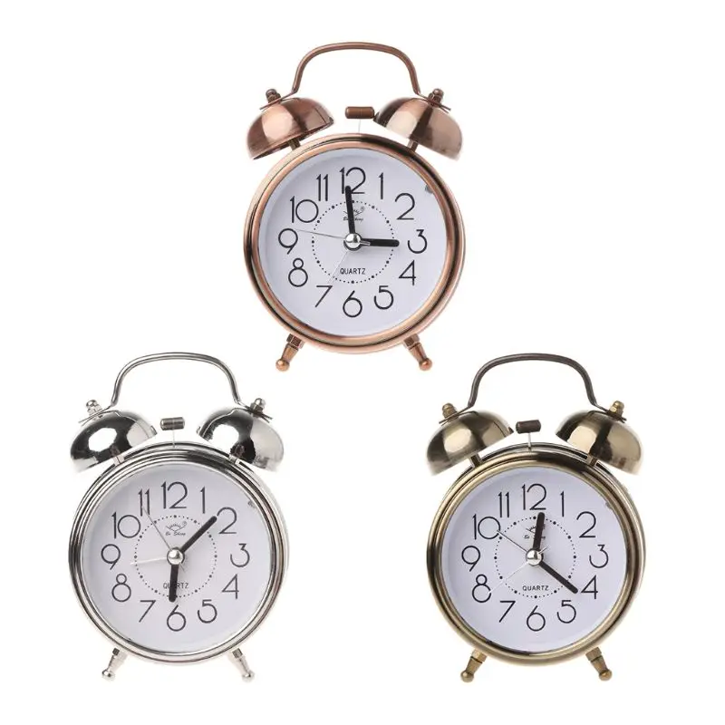 Retro Desktop Mechanical Alarm Clock Night Light Dual Bell Bedside Silent Metal Digital Bedroom Home Decoration