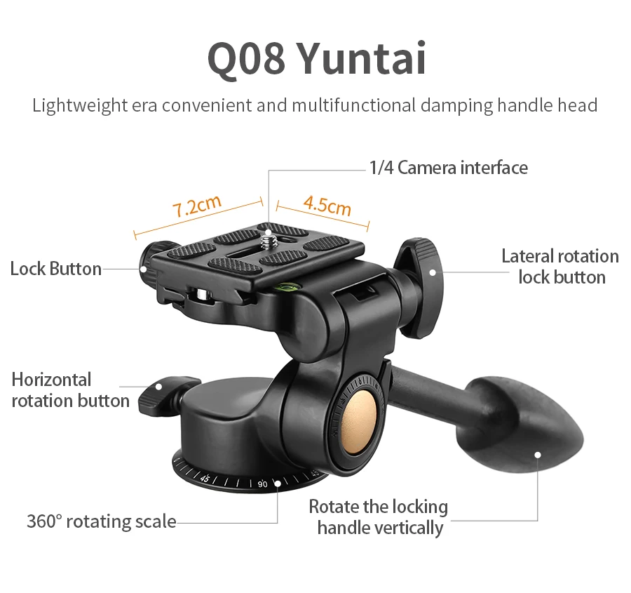 

Q08S Aluminum 3-Way Fluid Drag Pan Head Rocker Arm Video Tripod Ball Head for DSLR Camera Tripod Monopod