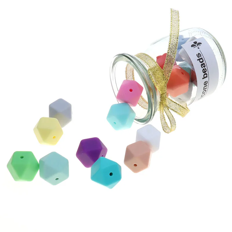 Cuentas de Silicona hexagonales para dentici&oacute;n de beb&eacute;, Mordedor de 14mm, sin Bpa, colgante para collar, accesorios, Mordedor de Silicona-4