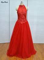romantic new design high neck red ballgown wedding dress tulle lace appliques bridal gowns