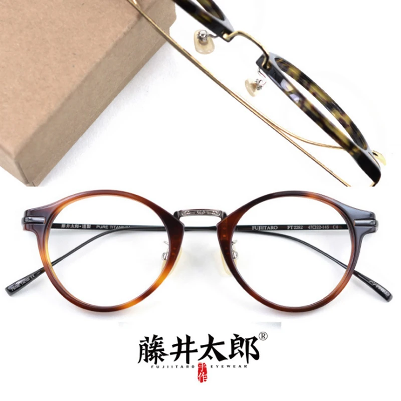 

TARO FUJII Spectacle Frame Eyeglasses Men Women Retro Round Acetate&Titanium Computer Optical Glasses Frame Clear Lens Male