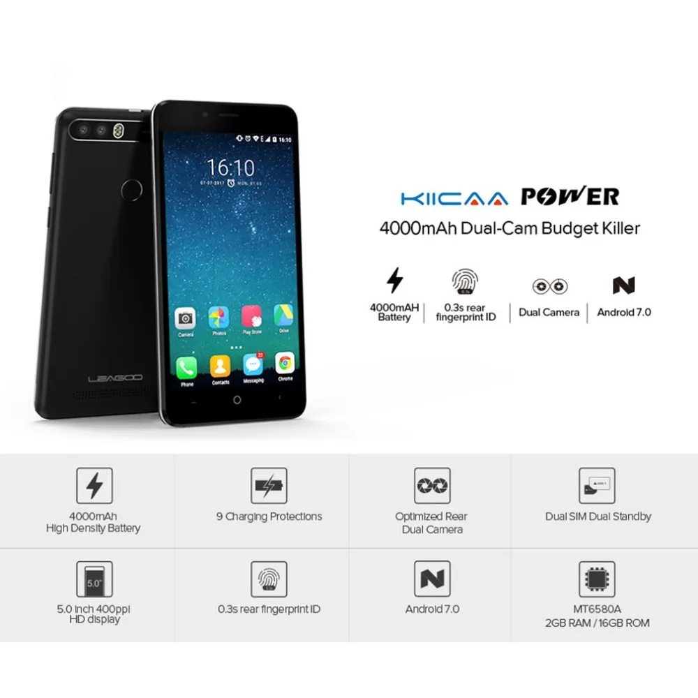 Leagoo Kiicaa Мощность 5 0 дюймов Android 7 смартфон 4000 мАч MT6580A 2 г + 16 ГБ Встроенная память