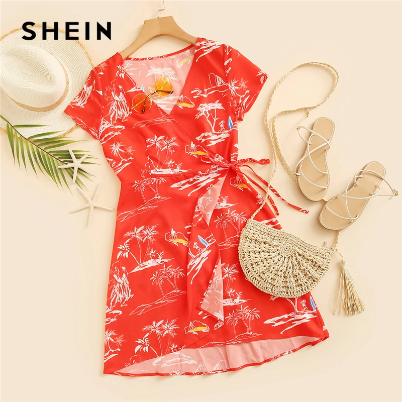 SHEIN Короткое Платье С Глубоким Вырезом И Тропическим Принтом Стильное Платье С Поясом На Запах