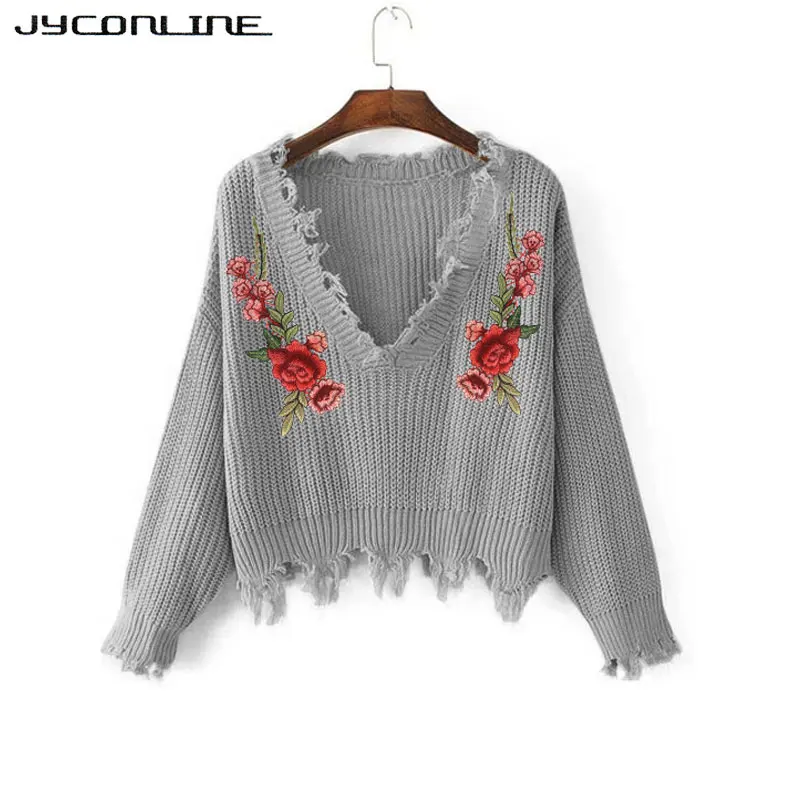 JYConline 2019 Autumn Sweater Women Embroidery Knitted Winter And Pullover Female Floral V Neck Pull Femme Jumper | Женская одежда