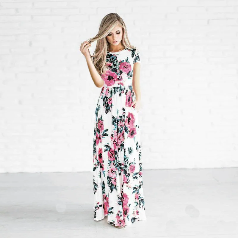 2019 Летнее Длинное платье с цветочным принтом Boho пляжное туника Макси женское