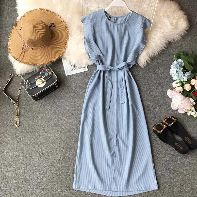 Платье в полоску женское длинное повседневное облегающее без рукавов с