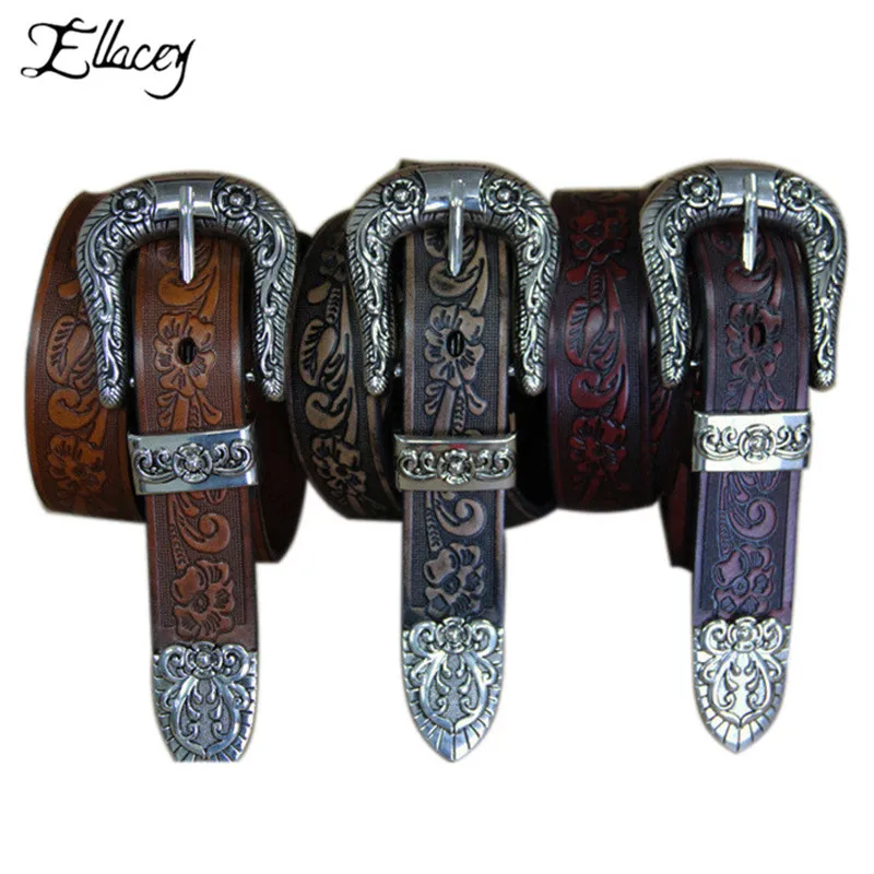 Punk Harajuku Cowskin Genuine Leather Belts for Women Floral Rose Carved Fashion Buckle Women's Belt Novelty Vintage Waist | Аксессуары