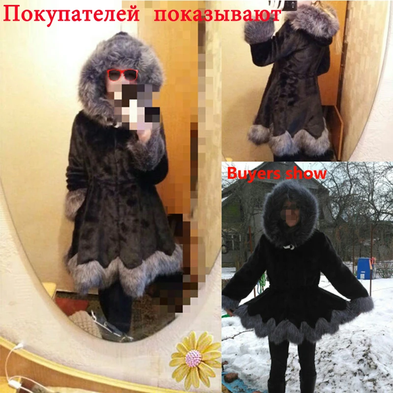 High Imitation Fur Coat Women Silver Fox Collar Hooded Mink Medium-long Overcoat Winter PC166 | Женская одежда