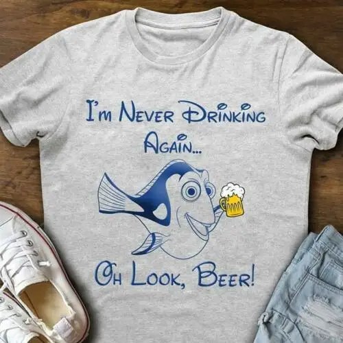 Мужская футболка с надписью Dory I'm Never Drinking Again Oh Look Beer спортивная серая хлопковая