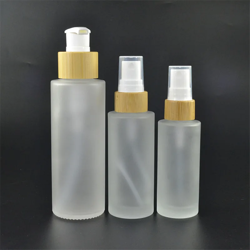 50pcs* 100ML Frost Glass Bottle with bamboo Lotion Pump Emulsion Pump Bottles Empty Cosmetic Packaging  Glass Mist Spray Bottle