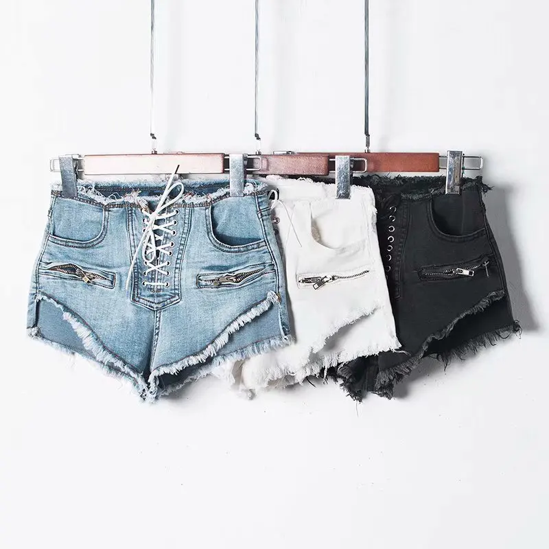 

NORMOV Summer High Waist Denim Shorts Women New Fashion Zipper Sexy Shorts Female White Front Lace-Up Korean Washed Short Jeans