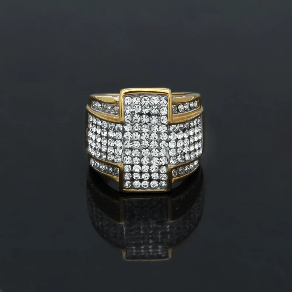 Роскошное кольцо в стиле панк хип хоп рок крест мужское золотого цвета Полный