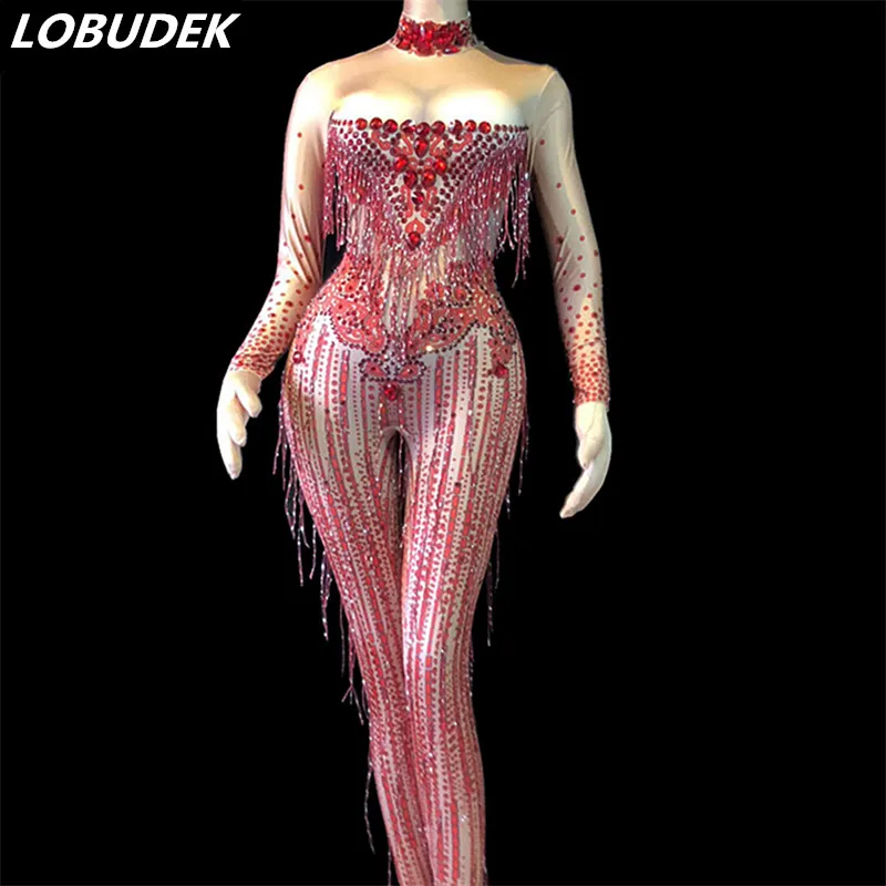 Red Rhinestones Tassels Jumpsuit Stretch Crystals Bodysuit Sexy Bar Party Women Stage Outfit Birthday Celebration Dance Costume