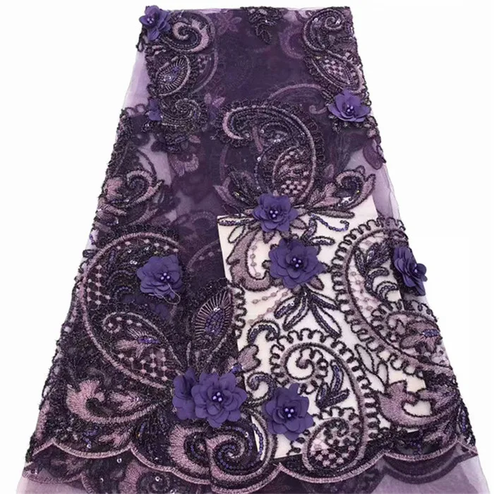 Французская кружевная ткань 3D аппликация бисером тюль фиолетовое высокое