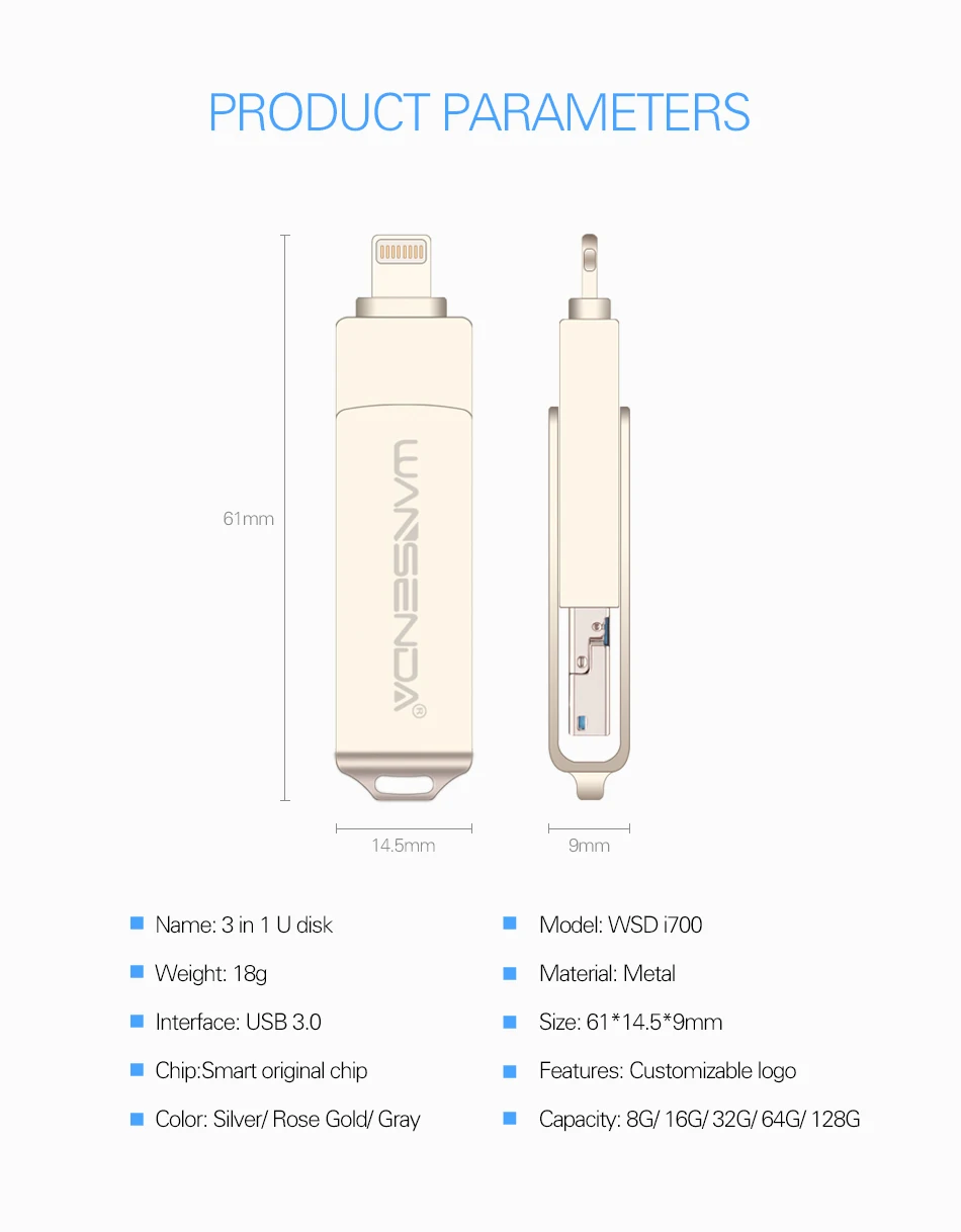 WANSENDA USB флеш-накопитель 128 Гб OTG флеш-накопитель для iPhone/Android/PC 3 в 1 микро USB накопитель 3,0 16 ГБ 32 ГБ 64 ГБ флеш-накопитель