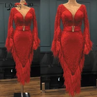 2019 red feather sheath lace prom dresses flare full sleeves sexy ankle length evening gowns v neck formal party dress