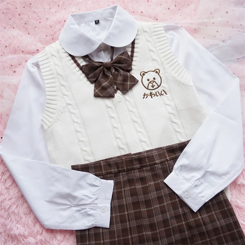 A set Kawaii милый медведь Вышивка Винтаж вязаный жилет японский консервативный стиль для женщин без рукавов свитер юбка рубашка JK Униформа костюм - Цвет: A set