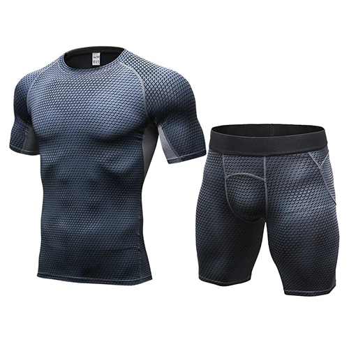 Gray Top and Short Мужской Быстросохнущий компрессионный костюм комплект для бега фитнес-плотно футболка леггинсы шорты спортивный костюм спортивная мужская спортивная одежда - Цвет: Gray Top and Short