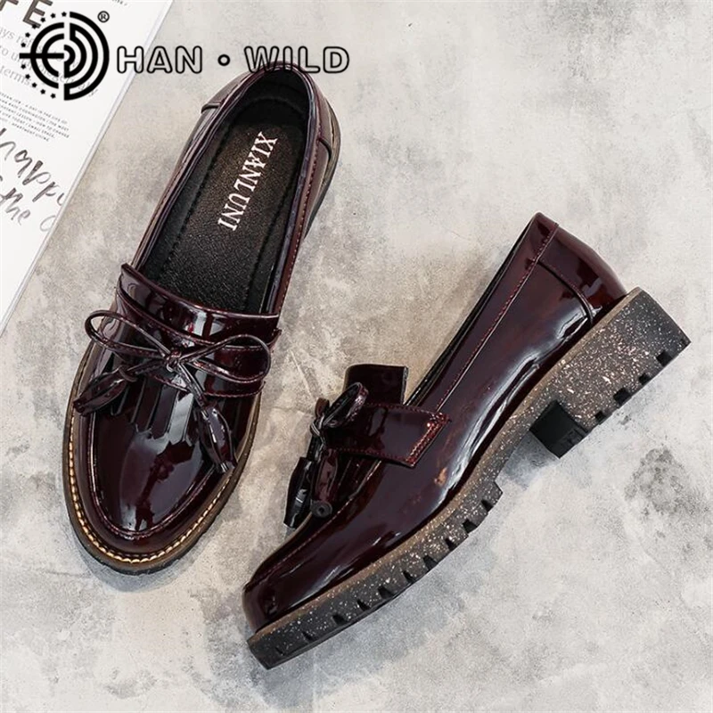 

High Quality Women Leather Oxfords Flats Vintage Patent Leather Platform Shoes Slip-on Flat Oxford Shoes For Women Loafers