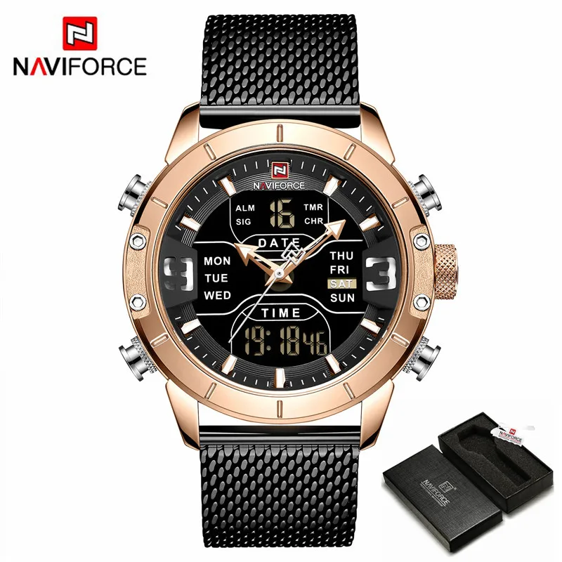 NAVIFORCE часы мужские люксовый бренд Мужские кварцевые спортивные военные часы цифровые повседневные Электронные Водонепроницаемые часы Relogio Masculino - Цвет: Rose Gold with Box