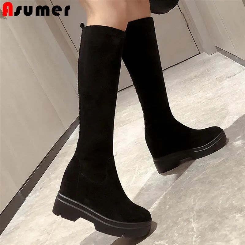 ASUMER/модные осенне зимние сапоги до колена Замшевые без застежки с круглым носком
