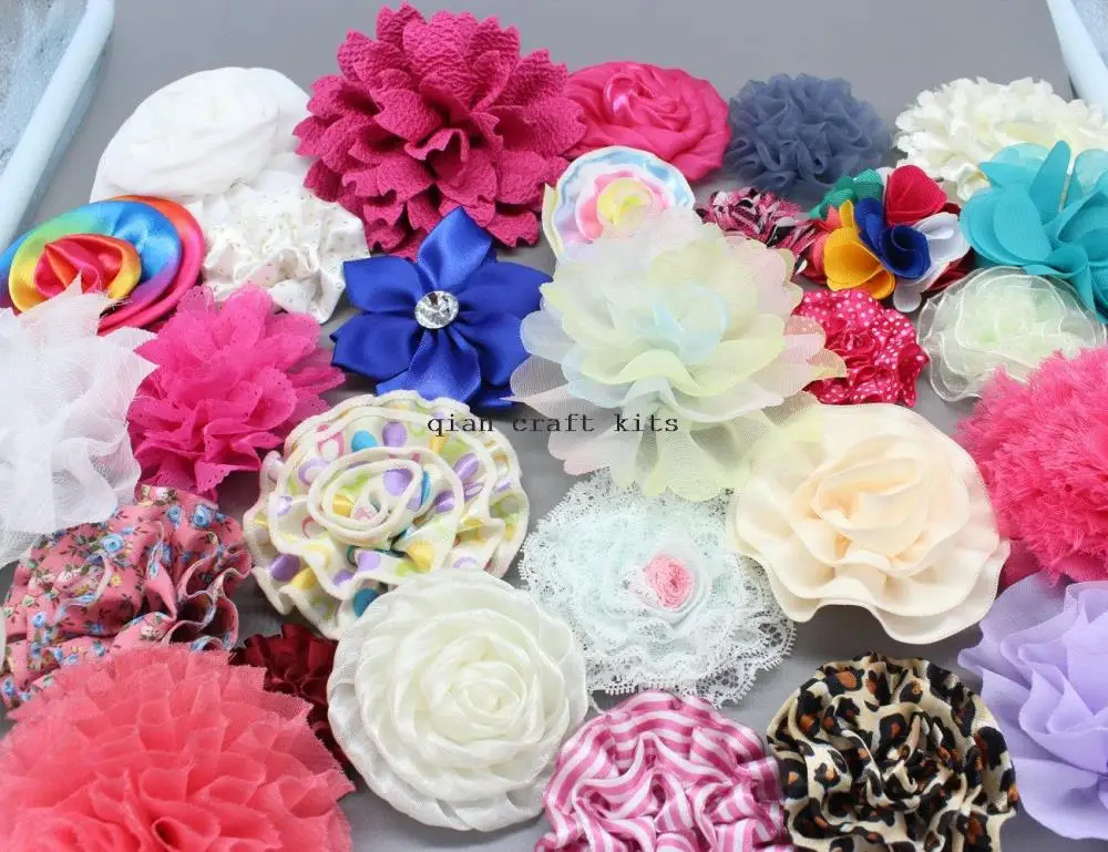 

2015 80pcs Assorted Boutique Diy Fabric Flower 2"to 4" Random Mix Designs Flowers Sampler Set Grab Bag