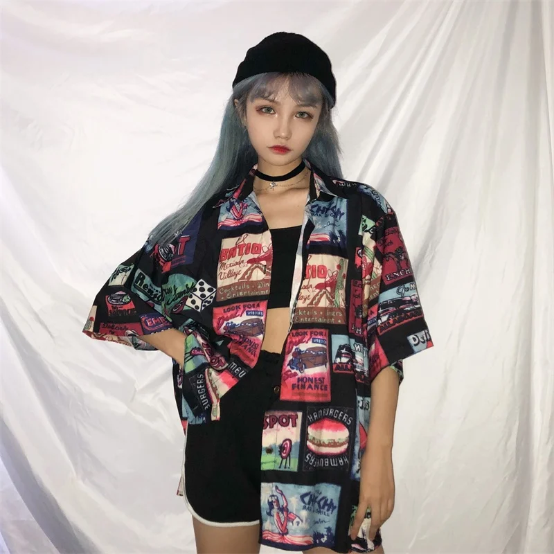 Женские рубашки, простые, подходят ко всему, хип-хоп, Harajuku, трендовые, корейский стиль, свободные, с принтом, женские, для отдыха, однобортные, женские блузки