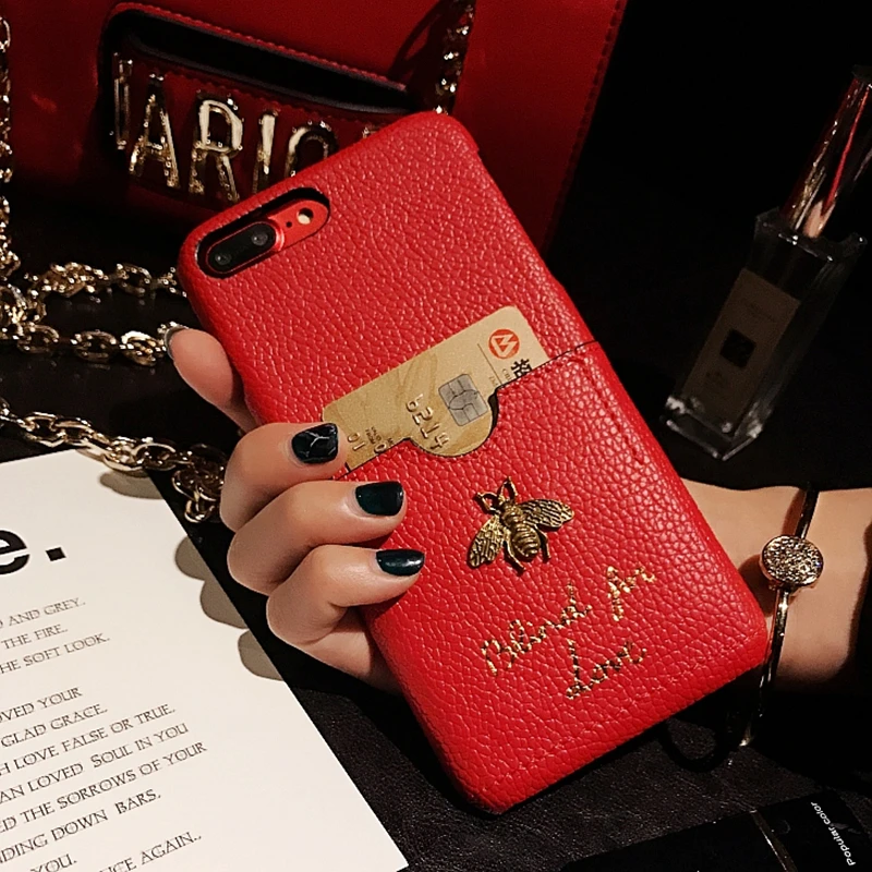 Luxury Fashion brand Classic 3D Metallic Honey Bee Card soft Leather hard phone case for iphone6 7 8plus X XR XS Max cover |