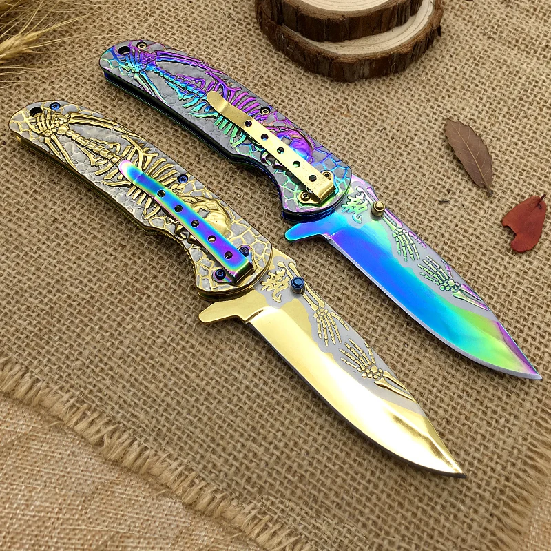 Складной нож с выемкой скелета, походные карманные ножи, холодная ручка из нержавеющей стали, креативные инструменты для выживания в стиле панк
