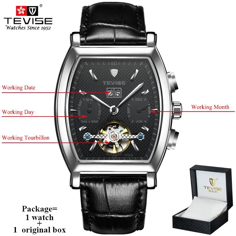 black silver box TEVISE Мужские автоматические часы Tonneau с циферблатом стимпанк Tourbillon часы Механические самовздувающиеся кожаные Наручные часы с календарем 8383B - Цвет: black silver box
