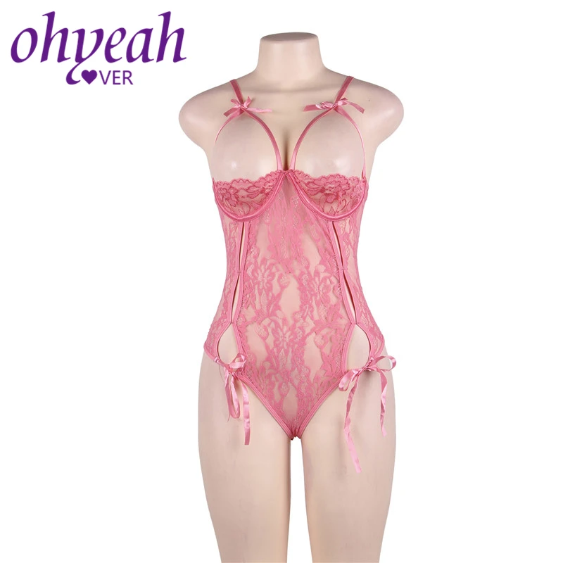 Женский комбинезон Ohyeahlover розовый кружевной с открытым бюстом на лето RM80422|macacao