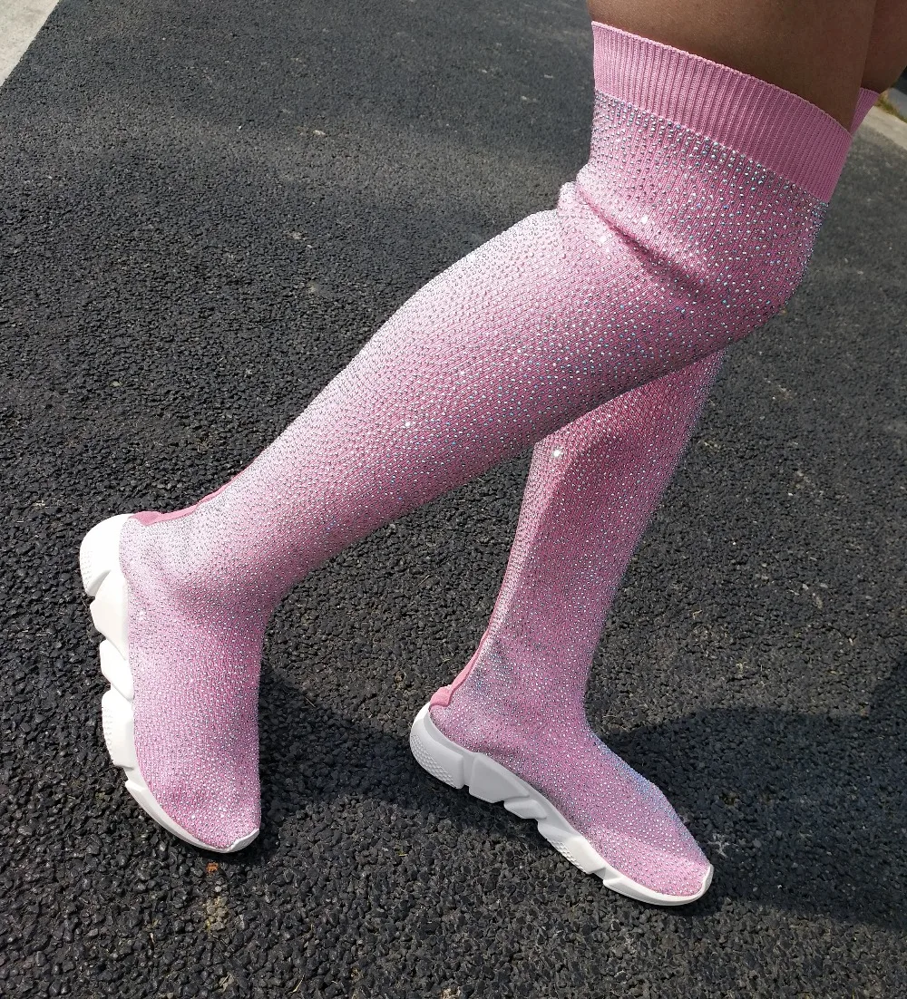 Новая модная повседневная обувь со стразами длинные эластичные носки Спортивная