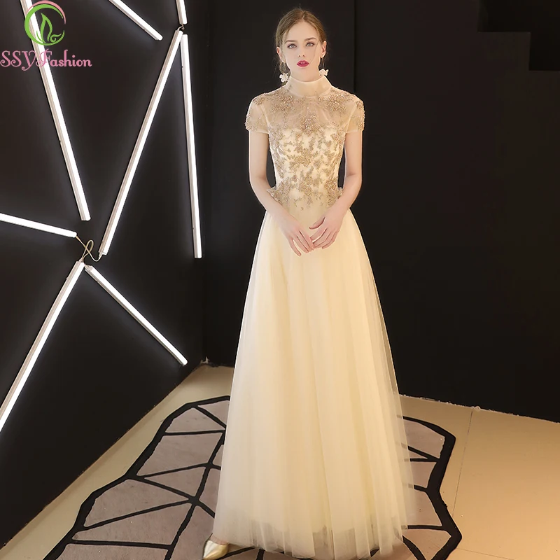 Женское вечернее платье SSYFashion элегантное банкетное цвета шампанского кружевные