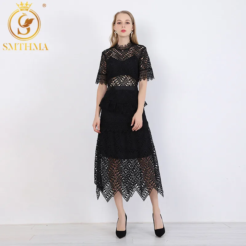 

SMTHMA New arrive Women's black Lace short Sleeve Summer Dress Women's Sexy hollow Maxi Long Dress Vestidos