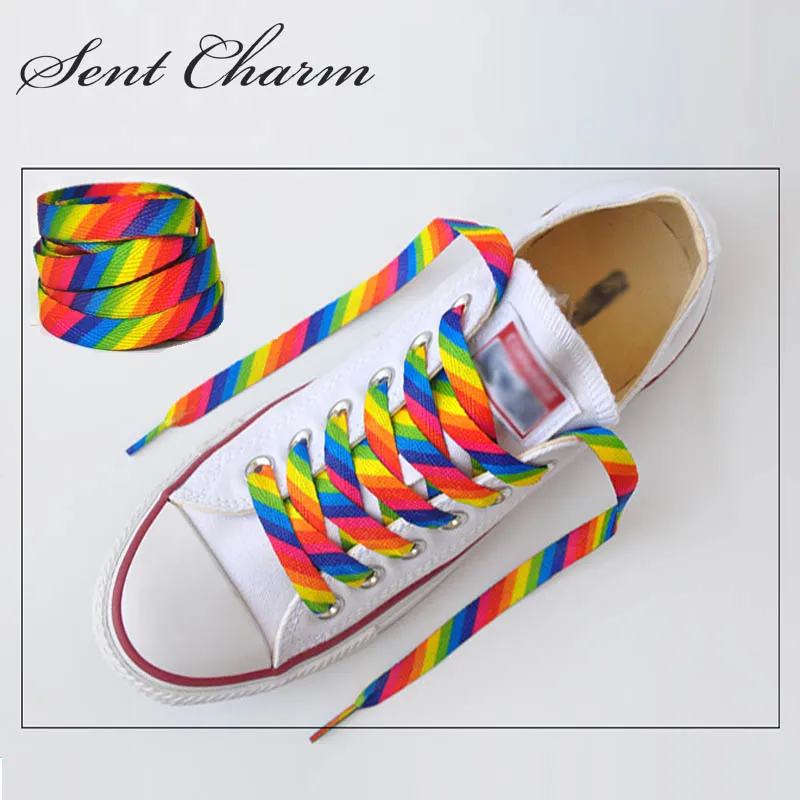 SENTCHARM/1 пара; стиль; Разноцветные радужные шнурки на плоской подошве; модные шнурки для повседневной обуви